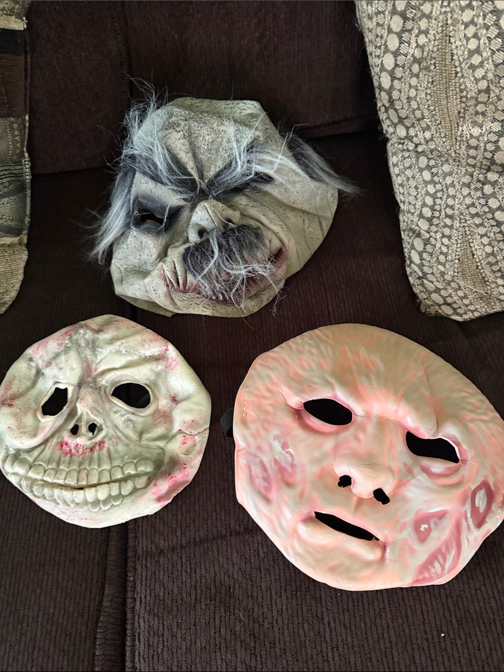 Three Halloween Masks - Gray, Pale Green, Pink Accents